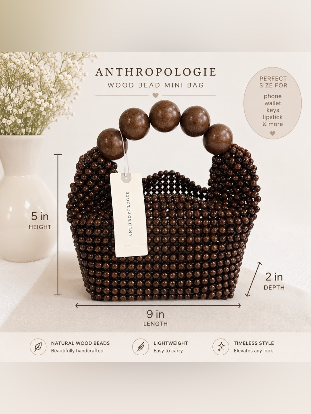 NWT Anthropologie Wooden Beaded Mini Top Handle Bag - Picture 3 of 6